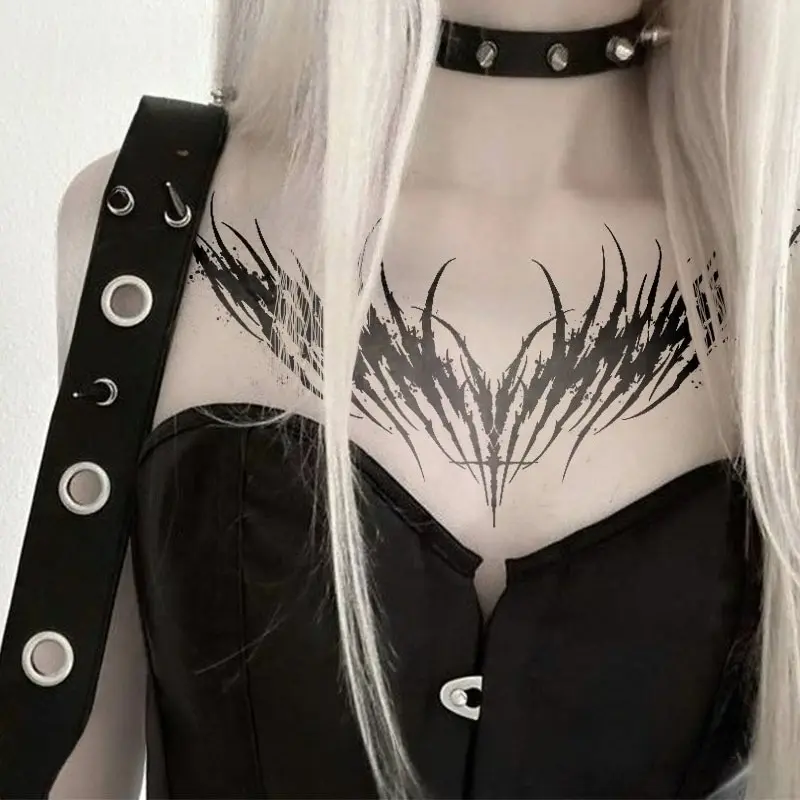 1pcs Dark Thorn Cross Angel Motif Herbal Juice Tattoo Sticker Gothic Design Gothic Style Sexy Hot Girl Temporary Tattoo Body Art on Chest Waterproof Durable Body Fake Tattoos for Men and Women Halloween Party Gift Y2K