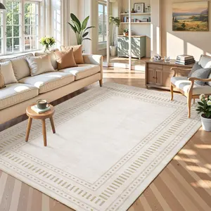 Modern Bordered Solid Color Area Rug, Washable Ultra-Thin Foldable Soft Non-Shedding Farmhouse Style Indoor Decorative Rug, Large Size Floor Carpet for Living Room, Dining Room, Office & Kids Room