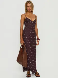 Princess Polly Glass Half Full Mesh Maxi Dress Plum Pink Polka Dot Casual V-Neckline Gathered Ruched Bust Adjustable Straps Stretchy Fabric