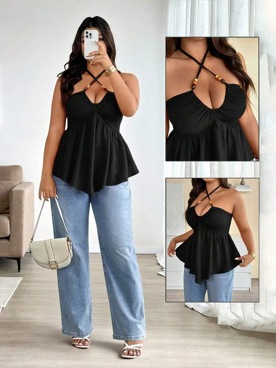 Elenzga Plus Size Summer Black Boho Vacation Women Top,Asymmetrical Design Colorful Perforated Wooden Bead Decor Criss-Cross Strap Charm Casual Style
