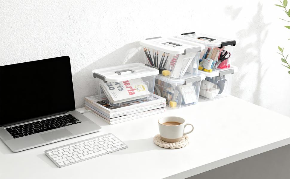 Plastic Storage Bins with Lids 6 Pack Storage Organizer, 7 Quart Stackable Storage Bins with Buckle-Up Latches and Handle Storage totes easy for Home Office Pantry Organization, Clear Lids