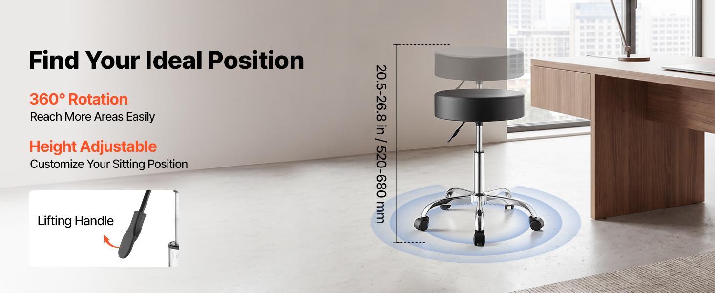VEVOR Durable Rolling Stool with Wheels, 500 lbs Capacity, Height-Adjustable via Reinforced Gas Lift Cylinder, Thick Cushion Ergonomic PU Leather Seat, 360° Swivel Round Chair for Salon, Clinic, Black#BackToSchool