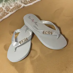 White 1.25 Inch Heel Flip Flops with Gold Glitter Bride for Wedding Beach Sandals Women Flipflop