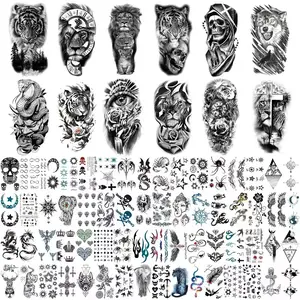76-Piece Temporary Tattoo Set - 12 Large & 64 Small Black Designs Featuring Wolves Tigers Lions Owls Skulls Roses & Intricate Animal Patterns for Any Occasion