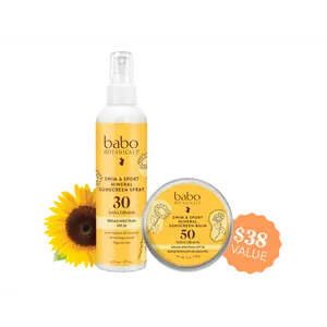 Babo Botanicals Swim & Sport Mineral Sunscreen Set – Made with Mineral Zinc Oxide – Broad Spectrum SPF 30 Spray (6 fl oz / 177 ml) & Broad Spectrum SPF 50 Balm (2 oz / 56 g) – Water Resistant (80 Minutes) – Dermatologist Tested – Fragrance Free