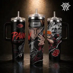 Pain NRT Shippuden Tumbler 20oz 40oz Akatsuki Red Cloud Travel Mug Stainless Steel Insulated Water Bottle with Handle & Straw Gift for Anime Fans Manga Lovers Yahiko Rinnegan Cool Birthday Gift