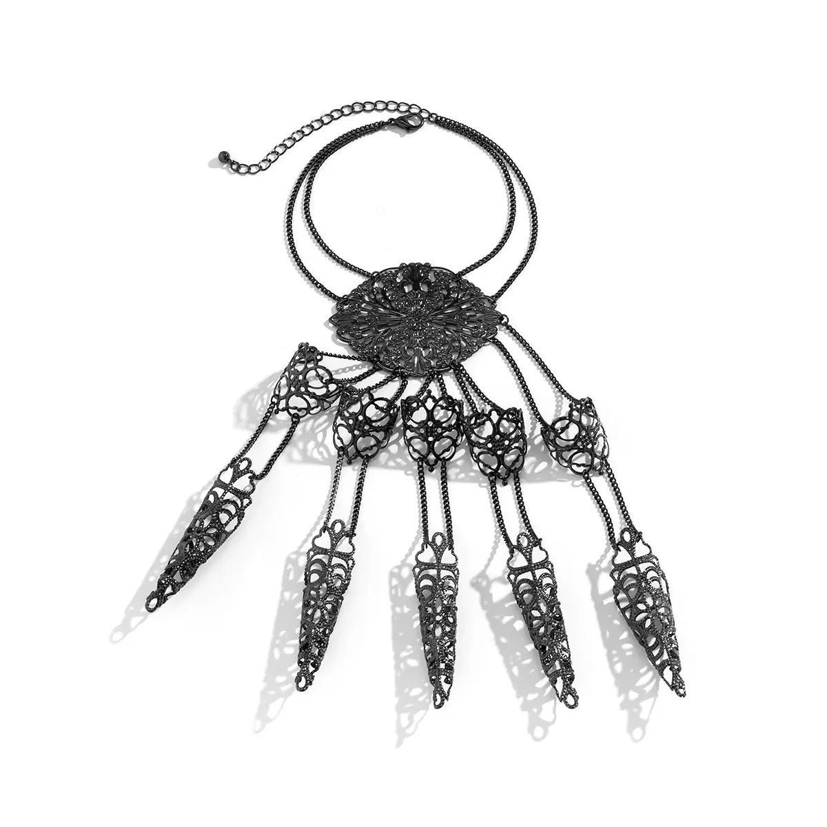 Gothic Hand Chain Bracelet with 5 Finger Claw Rings, Vintage Filigree Nail Armor Jewelry for Halloween Costume & Cosplay