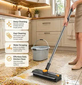 2 in 1 Floor Scrub Brush with Long Handle, Rotatable Hard Bristle Grout Cleaning Brush, Squeegee Design Heavy Duty Cleaner for Bathroom Kitchen Tile Gap Floor Deep Scrubbing