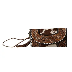 Myra Sandstone Trail Hairon Wristlet Wallet - Handtooled Leather with Western Floral Pattern and Tassel Strap for Easy Use
