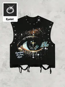 Men's vest, cropped style with distressed and ripped details, eyelets on the collar and cuffs, Y2K Punk style eye pattern, bold and edgy design, suitable for music festivals, parties, and everyday wear