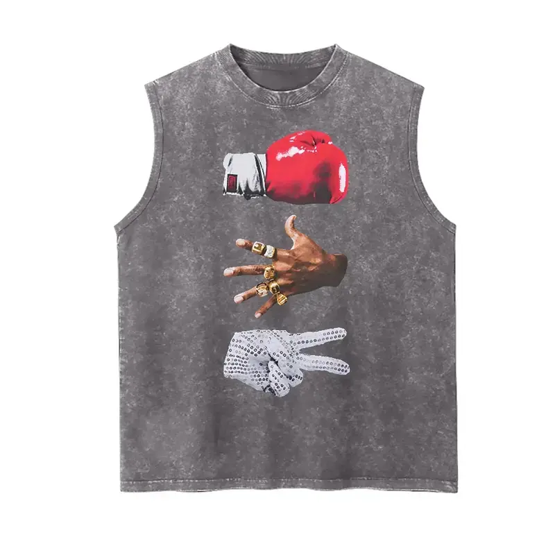 Men's Oversized Acid Washed Sleeveless T-Shirt - Rhinestone Graphic, Soft Heavy Cotton, Breathable 90s Streetwear Athletic Wear, Classic Seamless Mens Undershirt
