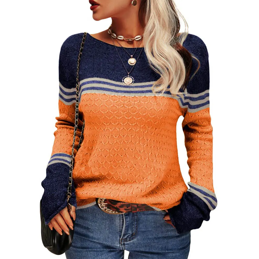 Danedvi Women's Knitwear Tops - Autumn Winter Long-Sleeve Colorblock Striped Round Neck Fitted Knit Pullover, Nylon-Viscose Fabric for Casual Style (Pair with Necklace),clothes for back to school,first day of school outfits