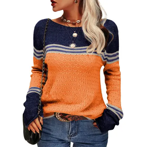 Danedvi Women's Knitwear Tops - Autumn Winter Long-Sleeve Colorblock Striped Round Neck Fitted Knit Pullover, Nylon-Viscose Fabric for Casual Style (Pair with Necklace),clothes for back to school,first day of school outfits