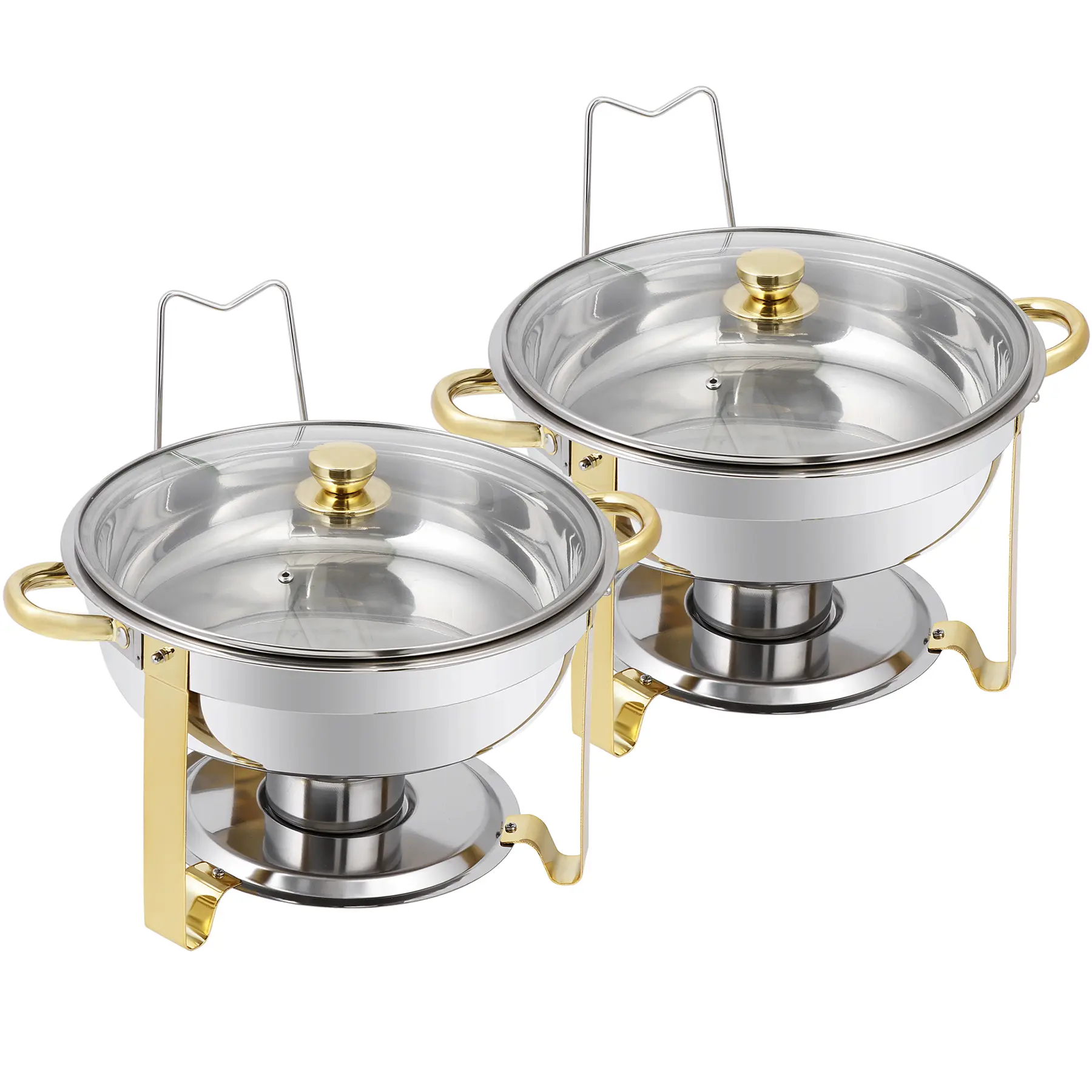 AnswerE 2-Pack 5QT Silver Stainless Steel Classic Round Thermal Casserole Bakeware Set, Kitchen Food Warmer with Transparent Glass Lids, 2 Removable Lid Holders, Drip Sink Compatible (Ideal for Weddings), Baking Dish Set