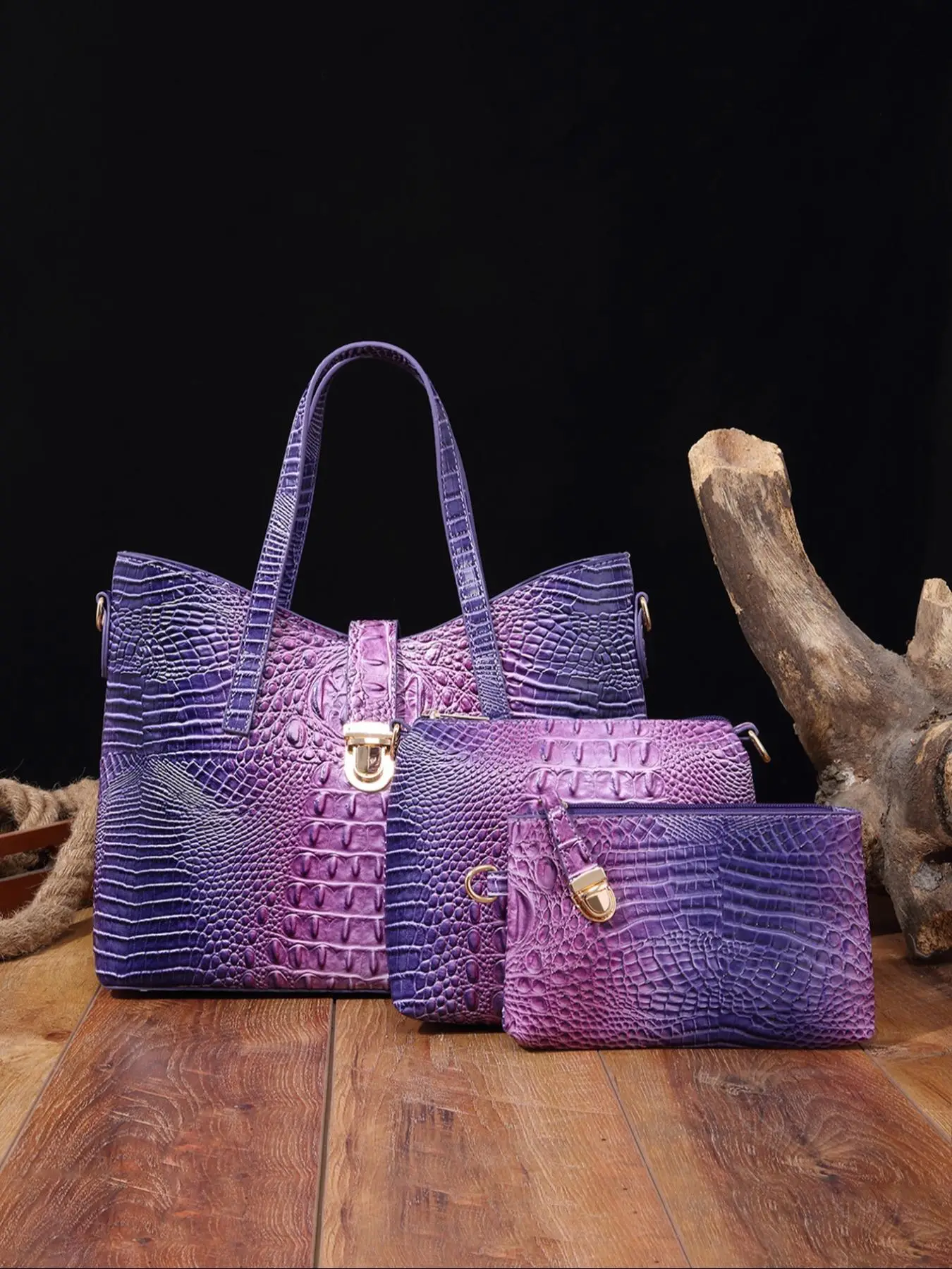 Women's Elegant Retro Crocodile Embossed Tote Bag Set, Luxury Summer Beach Essentials, Trendy Ombre Large Handbag & Cosmetic Bag & Square Purse As Gif