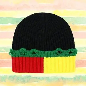 Artisticbloodline Rasta Knit Beanie - Black with Red, Yellow, and Green Ribbed Sleeves, Featuring Ribbed Detail and Colorful Design