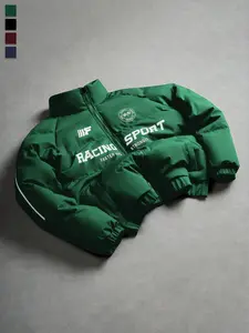 Men's Letter Print Stand Collar Cotton Jacket, Multicolor, Short Puffy Version with Printed Design Strips, Street Sports Style, Casual Wear for Daily Outings, Trendy Versatile Jacket Outfit Coats Tops Stylish men’s clothing