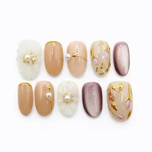 Press On Nails Prette Nail Studio Champagne Whisper , Medium Almond, Nude Beige and Mauve Tones, Gold Foil Accents, Pearl Details, 3D Floral Art, Glossy Finish