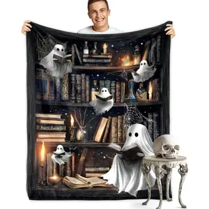 Halloween Throw Blanket Funny Cute Ghost Blankets Black And White Horror Ghost Reading A Book Warm Cozy Soft Flannel Fleece Blanket For Kids Adults Couch Bed Sofa Travel Camping All Season 40"X60" Horror Halloween Blanket