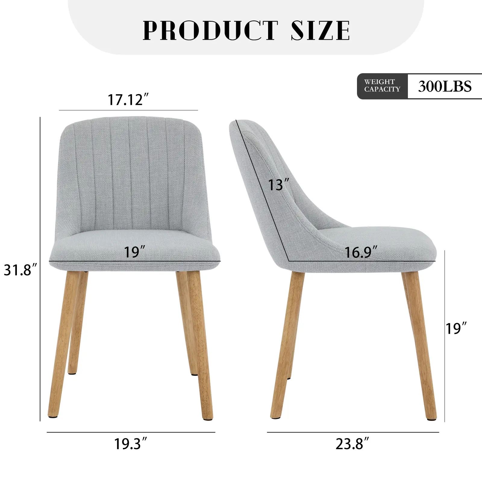 Garvee Modern Upholstered Dining Chairs, Set of 2 – Easy-Clean Fabric, Ergonomic Curved Back, Solid Oak Legs, 300 lb Capacity, Gray