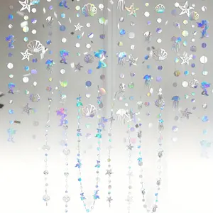 4pcs 9.8 Foot Ocean Themed Decorations Colored Holographic Paper Flow Light Decorative Strips Shell Hanging Decorative Strips, Suitable for Birthday Parties and Daily Home Decoration