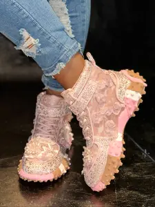 Women's High-Top Sneakers with Rhinestone Details, Bow Pearl Decoration, Casual Fashion Shoes, Embroidered Letter Design, All Seasons Wear, Thick Sole