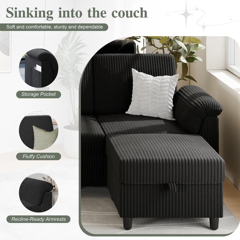 Walsunny L-Shaped Convertible Sectional Sofa Couch with Removable Pillows, 79in Reversible modular High Resiliency Foam Cushions,Ottoman, Black