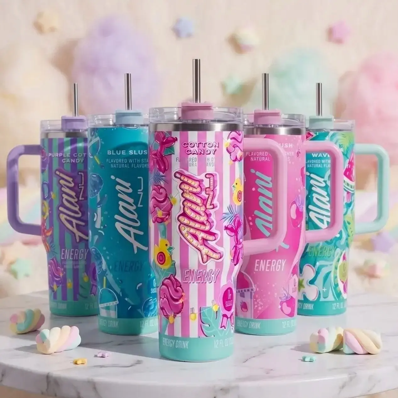 Alani Nu Energy Drink Inspired 40oz, 30oz Tumbler with Handle and Straw, Stainless Steel Insulated Travel Water Bottle, Cotton Candy Y2K Pastel Aesthetic Cup