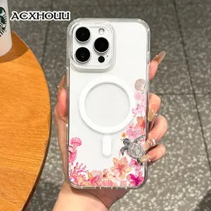 Magnetic Coquette Case for iPhone 17 16 E Pro Max 15 Plus 14 13 12 11 XS XR, Pastel Ocean Turtle Bloom Design | Shockproof, Girly, Stylish, Silicone, and Trendy Protection
