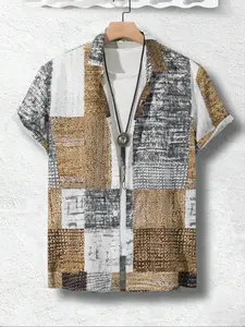 Men's Regular Fit Patchwork Print Short Sleeve Shirt, Casual Trendy Shirt, Casual Soft Comfy Collared Button Front Top for Summer, Fashion Men's Clothes for Daily Wear, Menswear