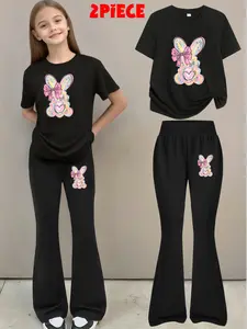 Spring/Summer Two-Piece Set for Girls: A stylish two-piece set featuring a crew-neck T-shirt and elegant black flared pants, with an Easter watercolor rabbit print and a summer party vibe—perfect for outdoor wear