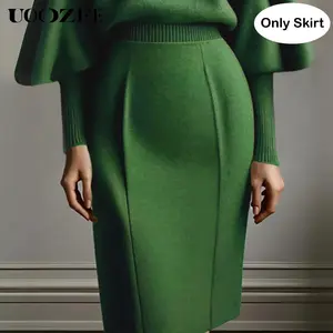 UOOZEE 2025 Women's Chic Solid Green Nylon Knitted High-Waist Slim-Fitting Knee-Length Bodycon Skirt - Machine Washable Minimalist Basic Bottoms (Only Skirt, Sizing Runs Small) for Date, Daily Wear