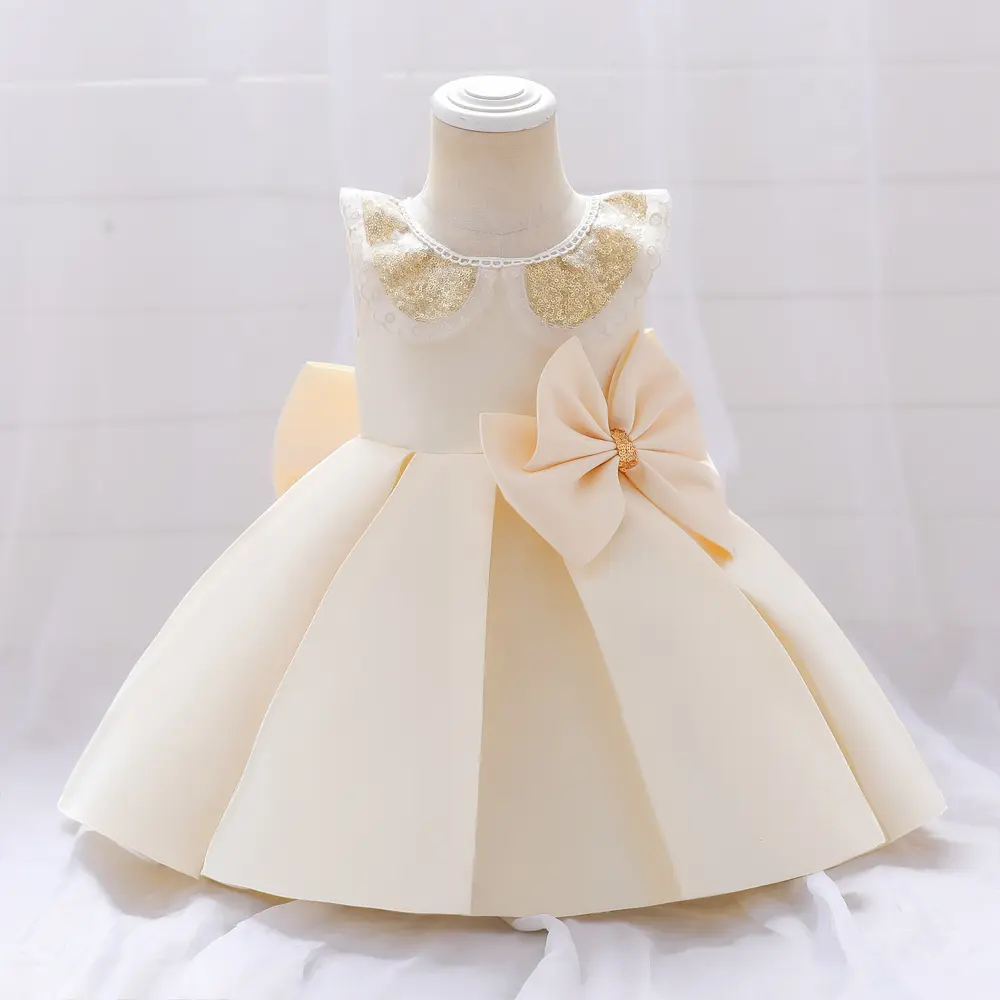 0-5Y Champagne 2051 Anniversary Big Bow Baby Girls Clothes Sequins Infant Birthday Cocktail Dress Toddler Pageant Newborn Ball Gown Princess Baptism Frock