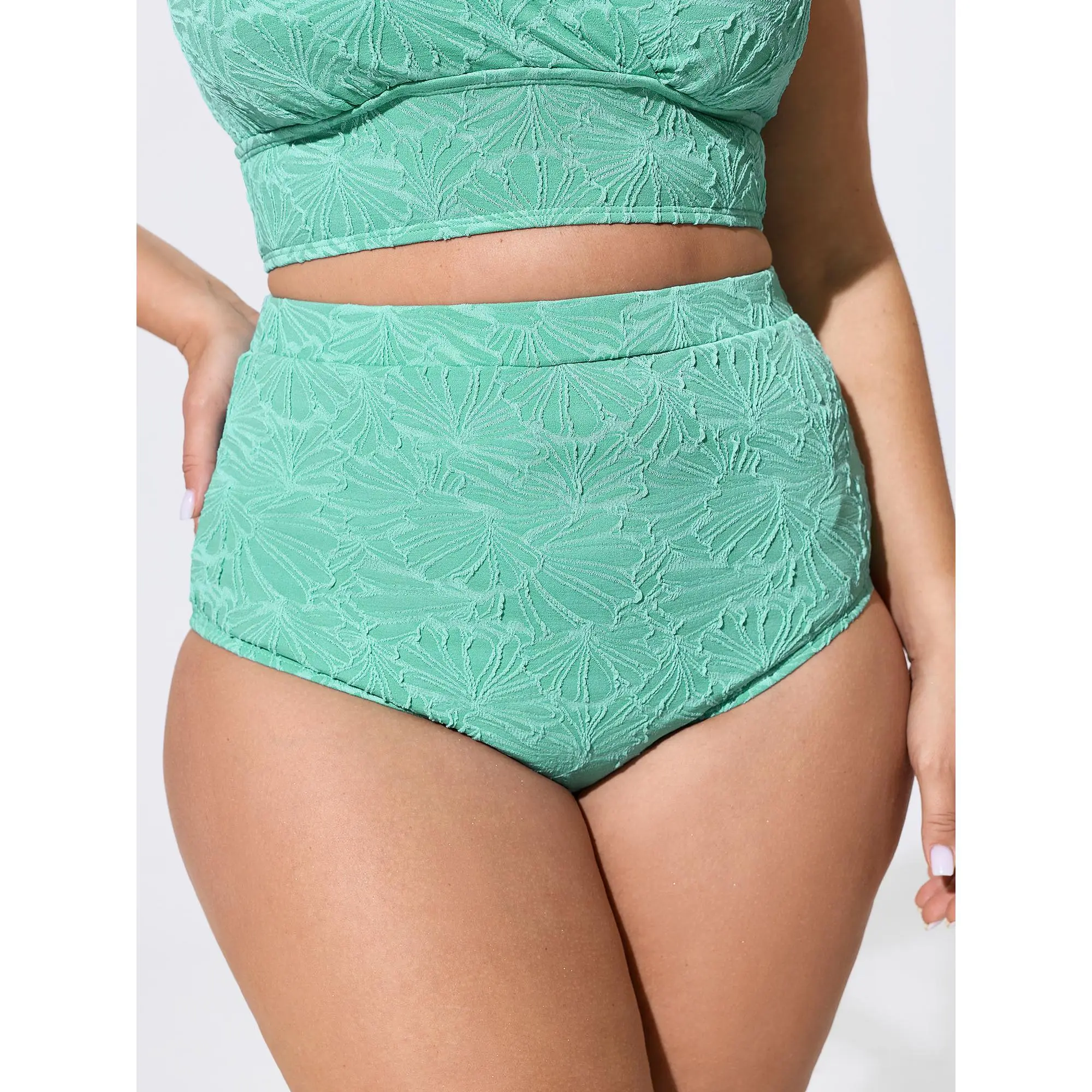 BloomChic Plus Size High-Waisted Bikini Bottoms, Solid Textured Tummy Control, Flattering Full Coverage Women's Bikini Beachwear, Beach Swimsuit, Full Coverage Bottoms, Swimsuits Tummy Control, High Rise, Cable Knit, Nylon Blend, Female, 60.5% Polyester,,