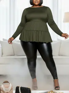 Plus Size Long Sleeve Fitted Peplum Top for Women – Elegant Ruffle Hem Blouse for Casual & Work Outfits