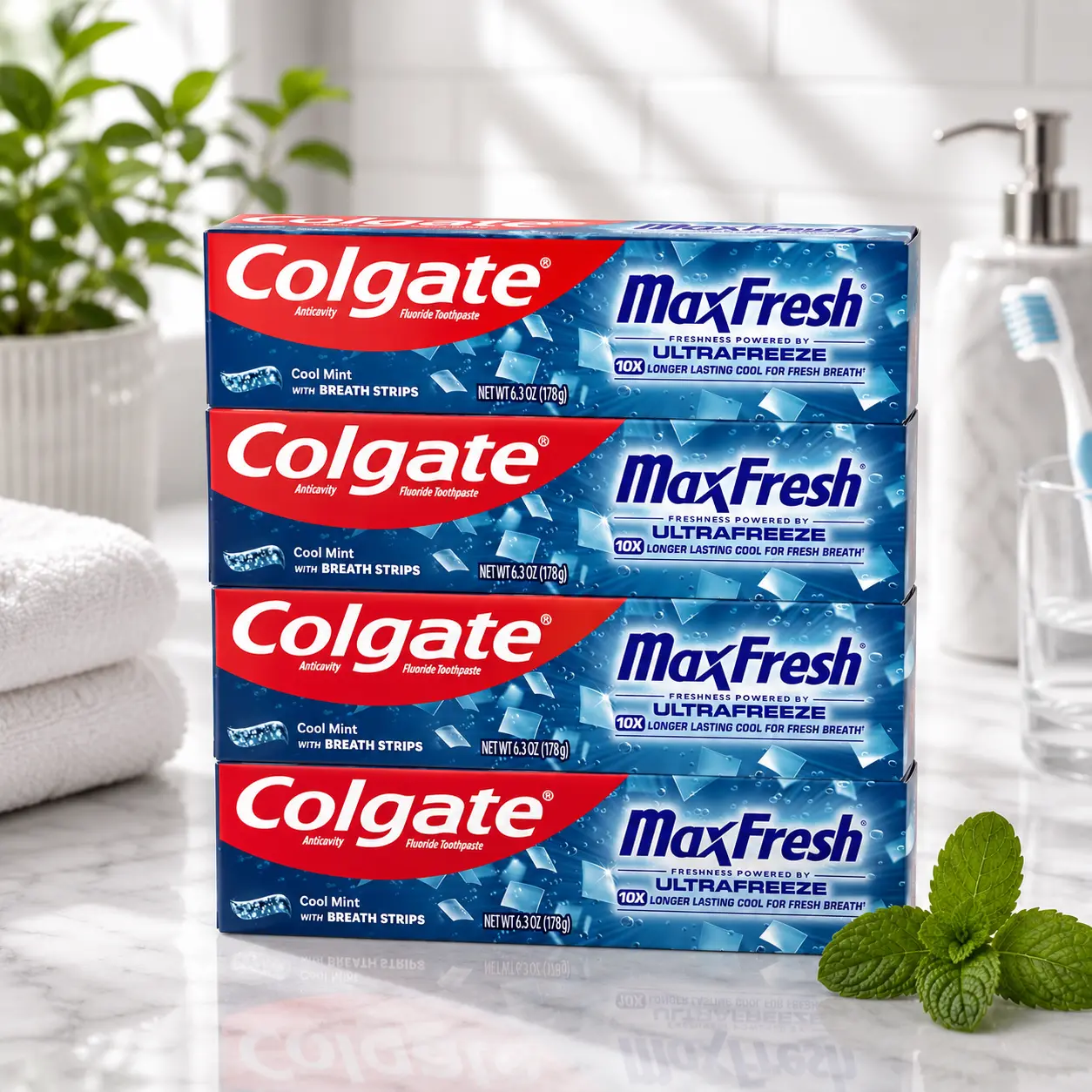 Colgate MaxFresh Fluoride Toothpaste, Cool Mint, 4 Pack, 6.3 oz | Freshens Breath for Hours with Hundreds of Mini Breath Strips, Peppermint Flavor, Anticavity Toothpaste, Bulk Size