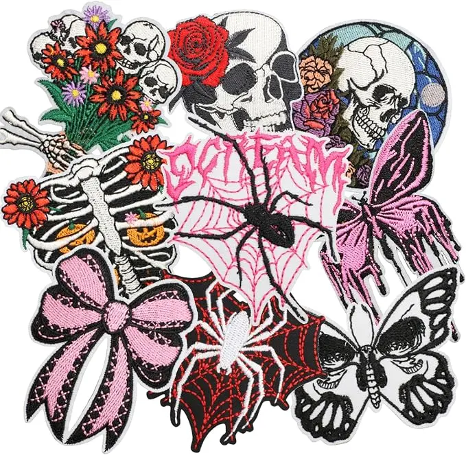 9pcs Flower Skull Iron/Sew on Patches, Girl Bow Butterfly Embroidered Applique, Funny Decoration for Clothes, Hat, Bag, Dress, Shirt, Jeans