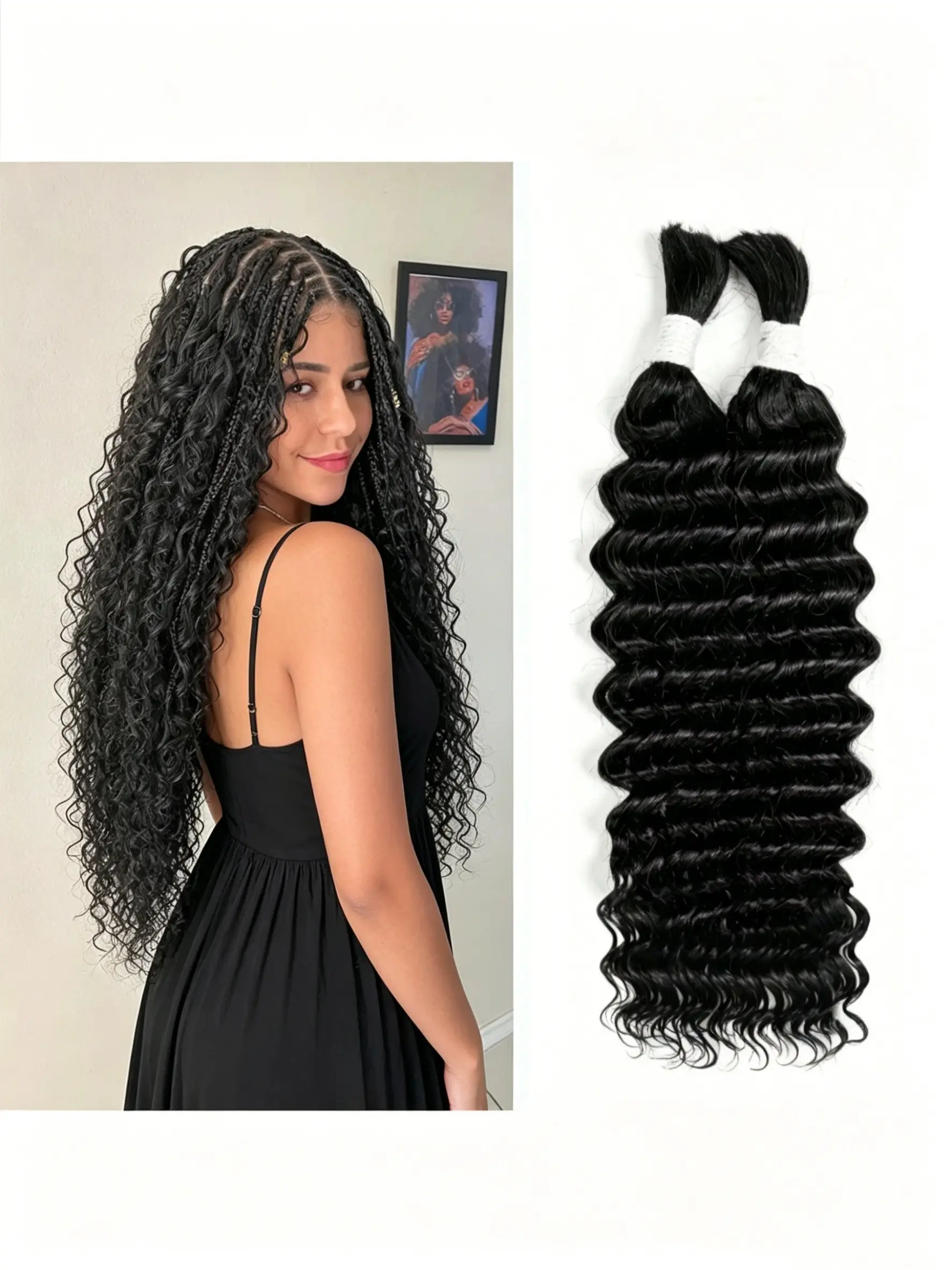 Deep Wave Wet And Wavy Human Braiding Hair, 1B Natural Black Bulk Brazilian Virgin Curly Hair, 2 Bundles No Weft Hair For Micro Braiding, Human Hair Extensions
