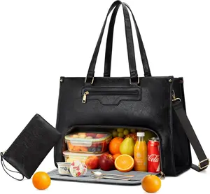 Lunch Bag for Women - 15.6" Laptop Lunch Bag Combo Women, Work Tote Bag with Insulated Lunch Compartment,Quilted Computer Handbag with Large Capacity for Work, Office, Nurse, Teacher (Black)