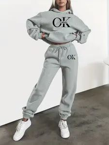 Women's Hooded Sweatshirt Set, Autumn Winter Ok Letter Print, Casual Sporty Style, Fitted Design, Perfect for Daily Wear & Dates