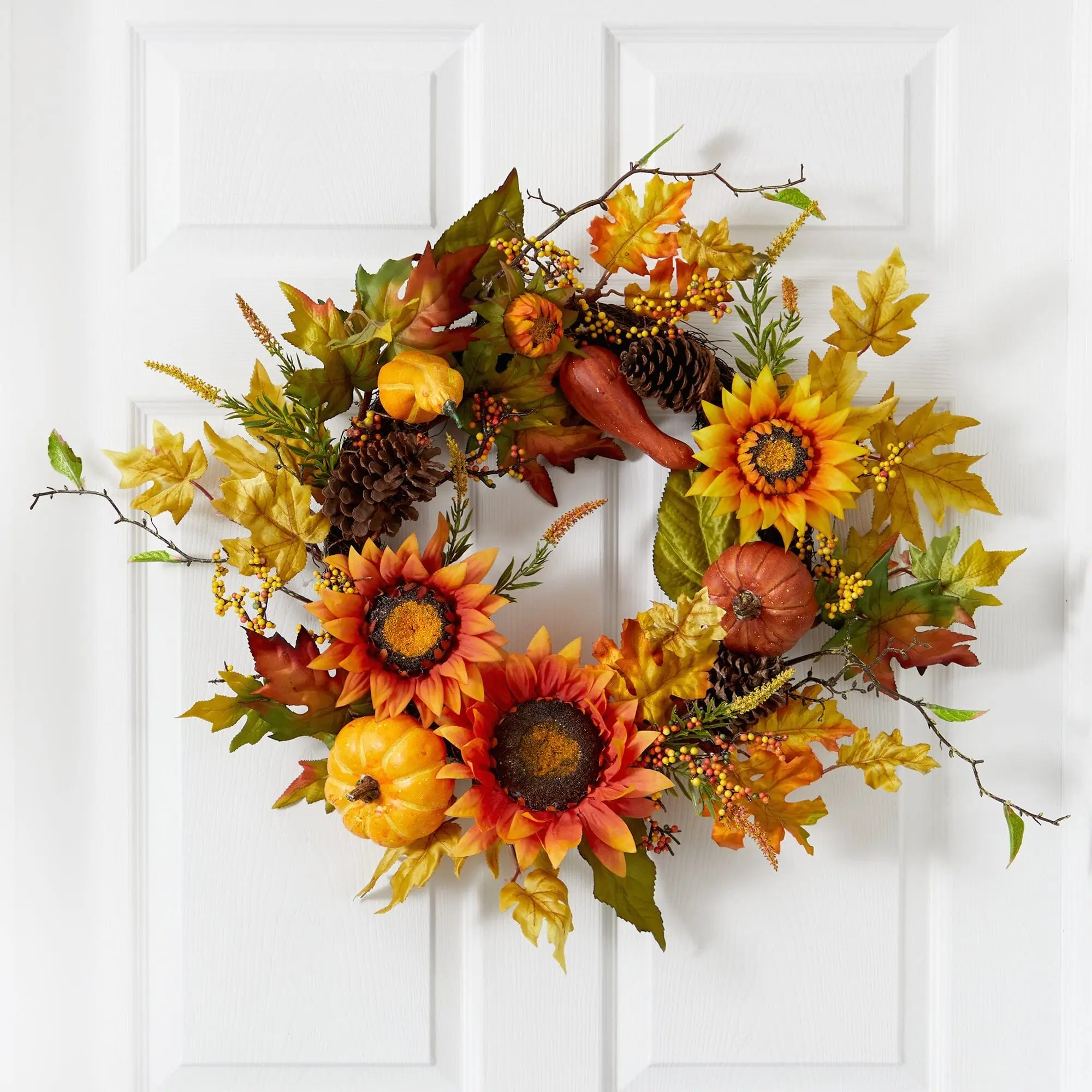 24” Rustic Autumn Artificial Wreath with Sunflowers, Pumpkins, Gourds, Pinecones, Berries - Decoration, Wall Hanging, Door Mount Home & Festive Supplies, Artificial Flower Wreath