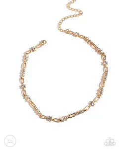 Pronged Pageantry - Gold White Rhinestone Choker Necklace - Paparazzi