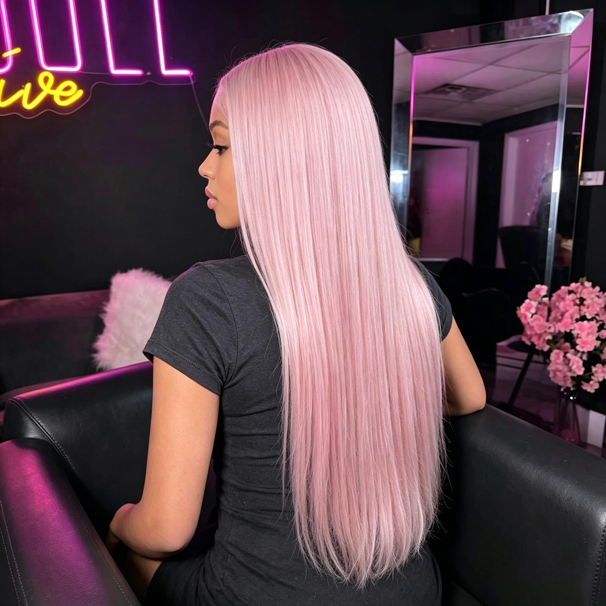 Glueless Pastel Pink Straight Lace Front Wig Long Silky Synthetic Hair Wigs with Natural Baby Hair for Women Cosplay Party Daily Wear
