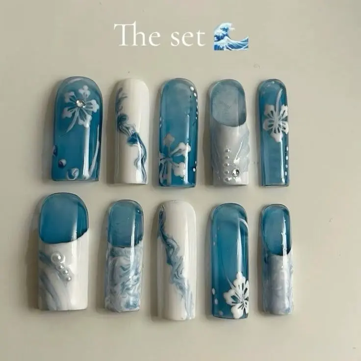Handmade Ocean Wave Press On Nails | Blue Jelly French Tip Nails with 3D White Flowers, Pearl Accents & Beach-Inspired Nail Art with FREE Adhesive Tabs FREE Nail File FREE Cuticle Stick