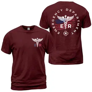 Emergency Department T-Shirt, ER Nurse Graphic Tee, Caduceus Medical Symbol Back Print Shirt, American Flag Healthcare Apparel, Hospital Worker Outfit, Nurse and Doctor Gift for Men and Women