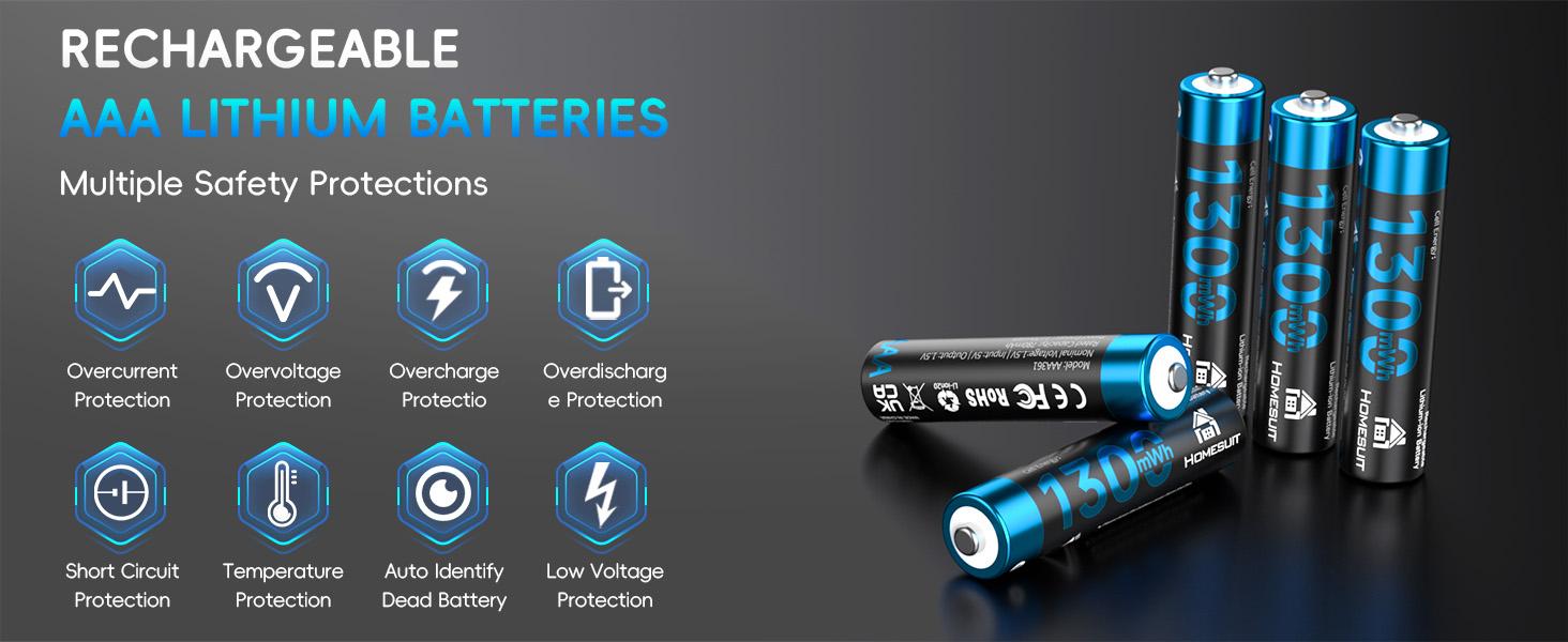Homesuit Rechargeable AAA Batteries Lithium with Charger 12 Bay, 1300mwh Long-Lasting 1.5V Output Triple AAA Batteries Rechargeable 12 Pack up to 1600 Cycles