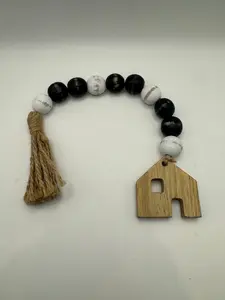 Black & White Beaded Garland with Wooden House Charm – 13"