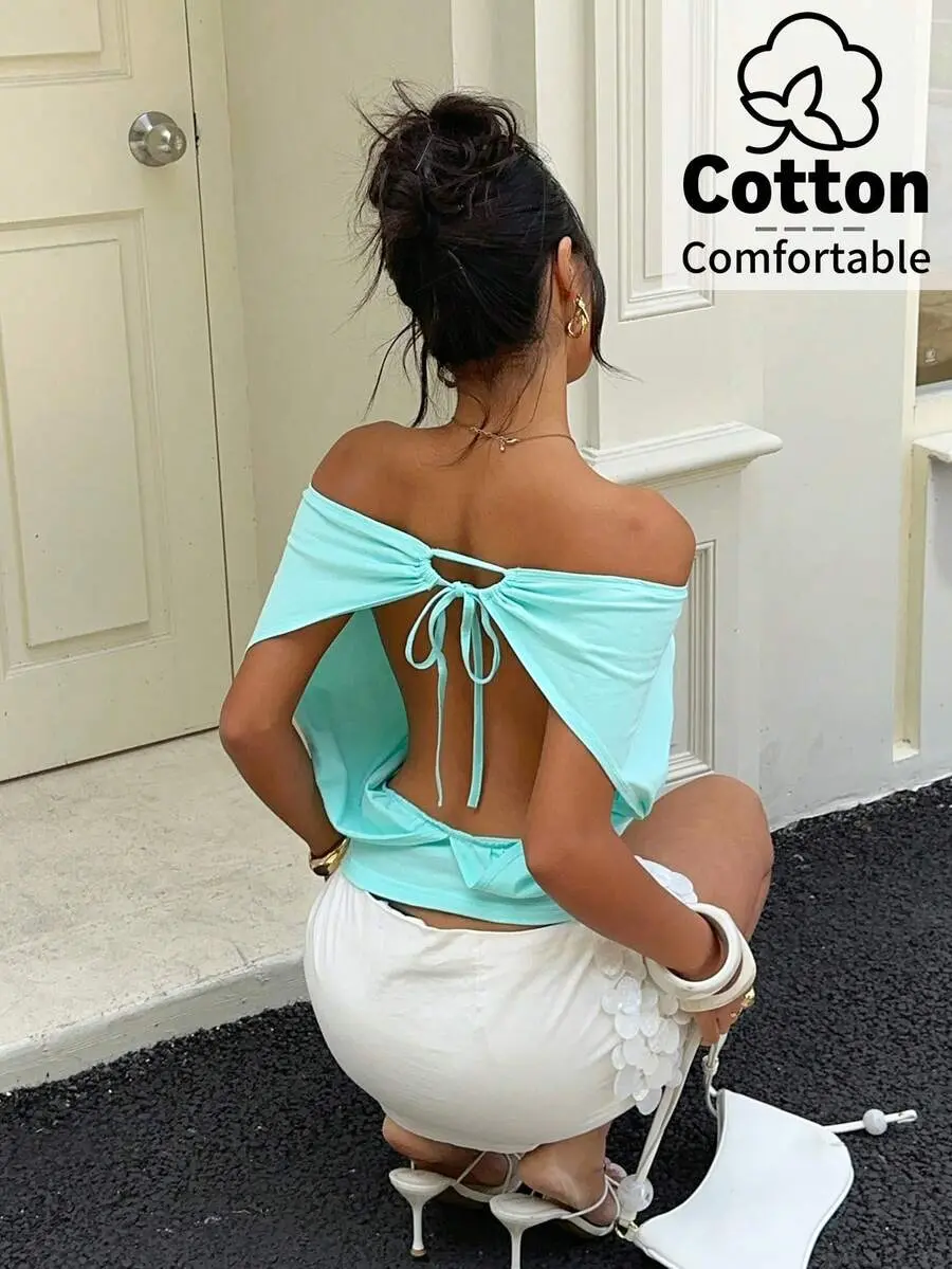 Backless Off Shoulder Tie Strap Top for Women Y2K Summer Vacation Party Outfit