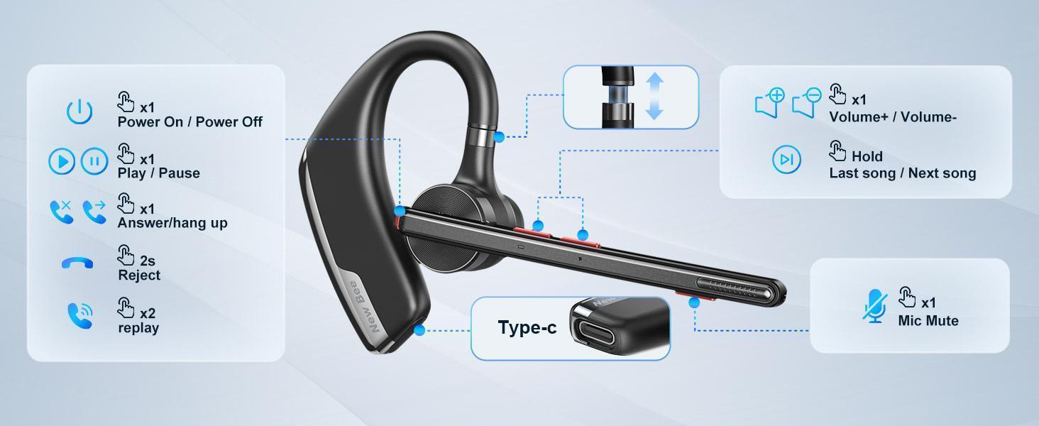M51New Bee Driver Bluetooth Headphones: 80hrs Playtime, Dual-Mic Noise Cancellation, Chargeable 500mAh Case Instant Audio Protection with Button Control