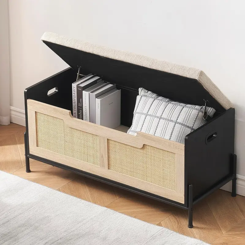 40-Inch Woven Rattan Multifunctional Coffee Table & Footstool with Hidden Storage Cabinet, Boxes, Ventilation & Heat Dissipation, Contemporary Modern Furniture for Living Room, Compact Indoor Entryway Piece, Wipe with Damp Cloth, Footstool With Storage